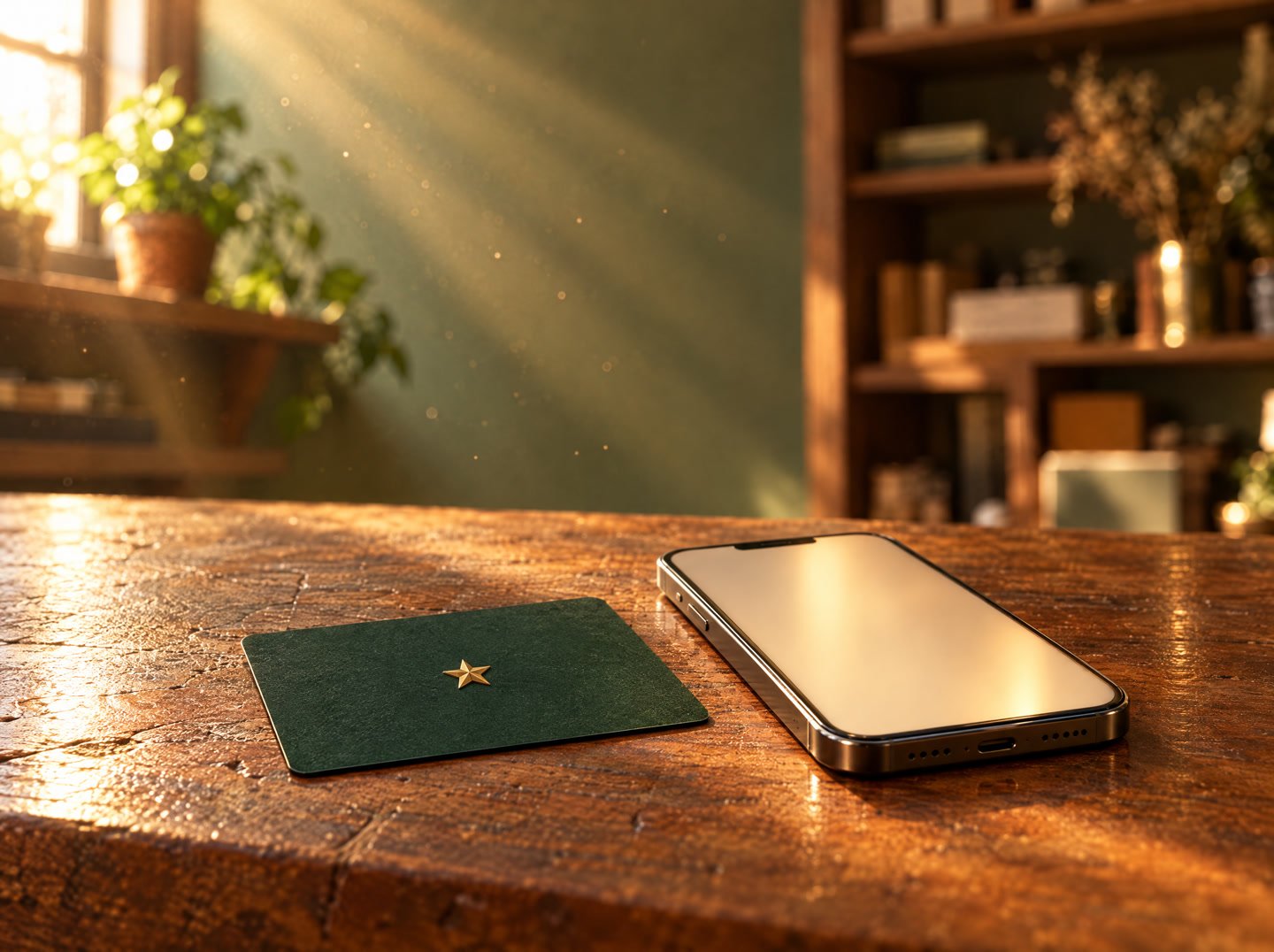 A Good Word card on a wooden counter next to a phone