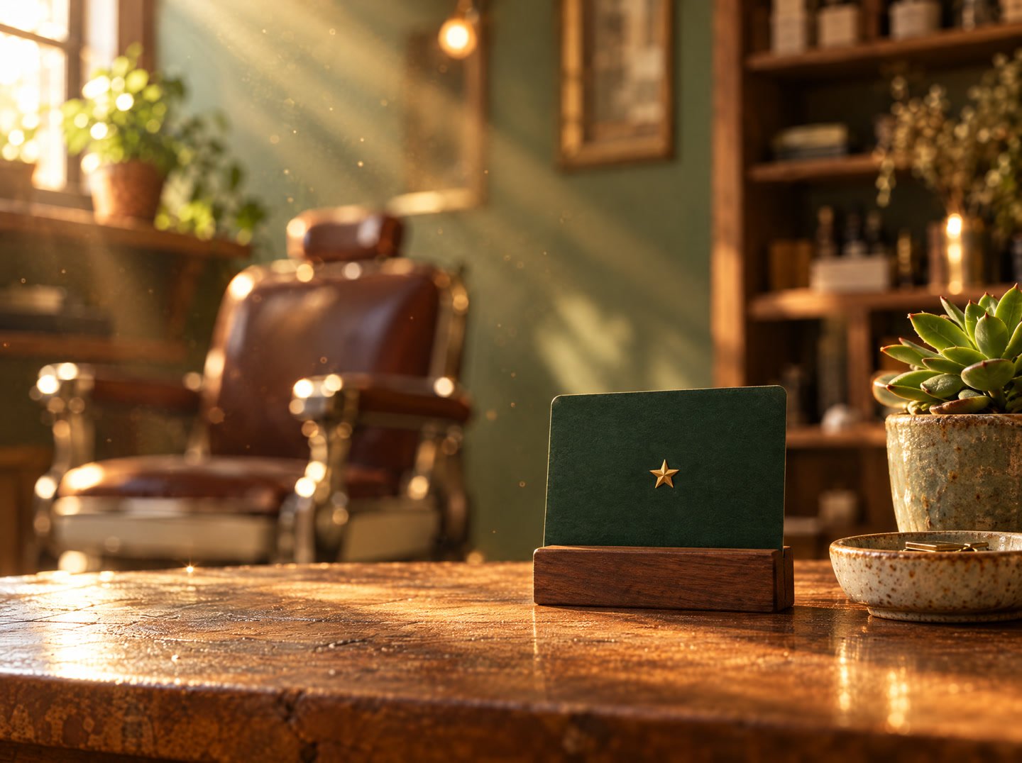 The card standing by the register in a cozy shop