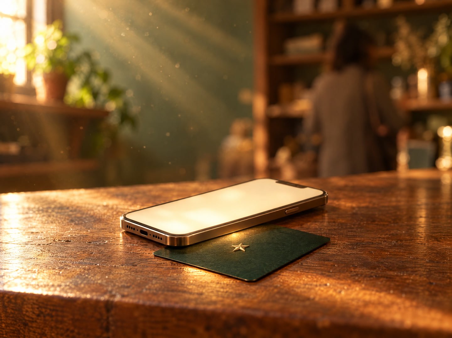 A phone resting on the card, its screen glowing